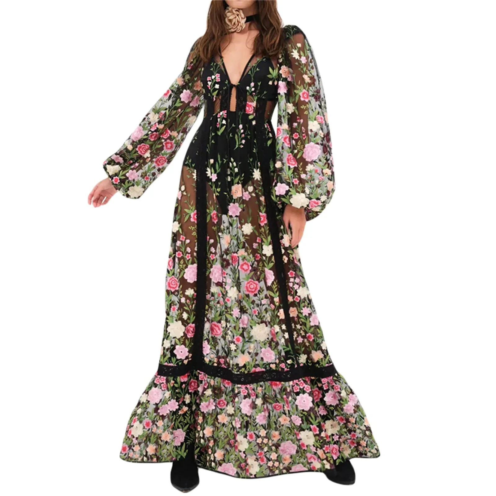 Women's Clothing Summer 2024 Trend Sweet Long Beach Dress Long Sleeve V Neck Backless Floral Embroidered Bikini Cover Up 4