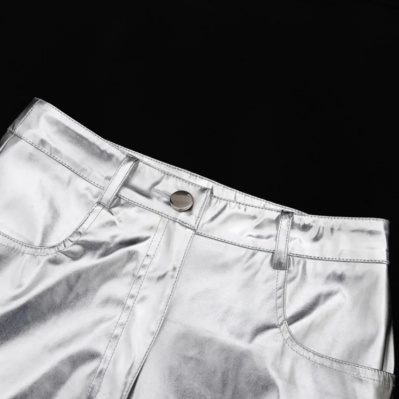 Pantalones de PU plateados para mujer, moda 2025, cintura alta, sueltos, pierna ancha, ropa de fiesta para chicas, ropa de calle, pantalones largos para mujer, otoño