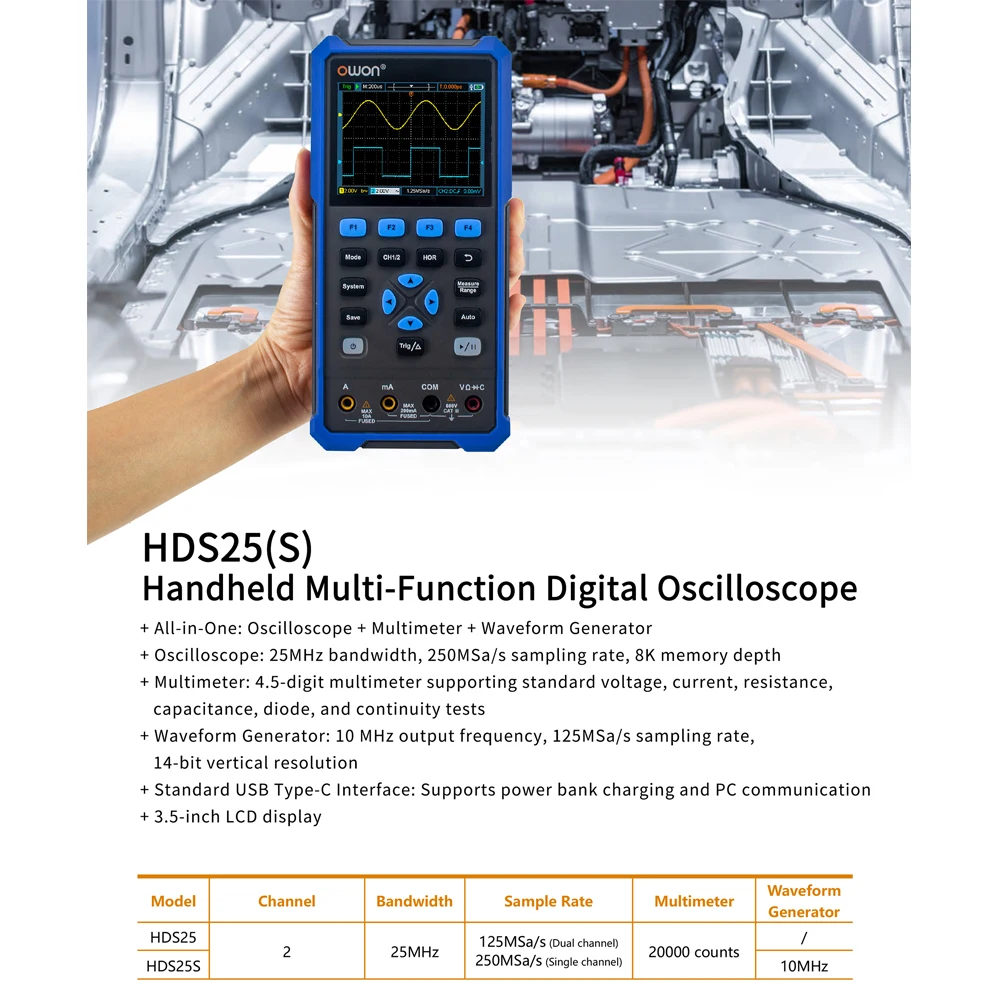 OWON HDS25 HDS25S 2CH Digital Oscilloscope, Dual Channel 25MHz Bandwidth 250MSa/s, 4.5 Digits 20000 Counts True RMS Multimeter
