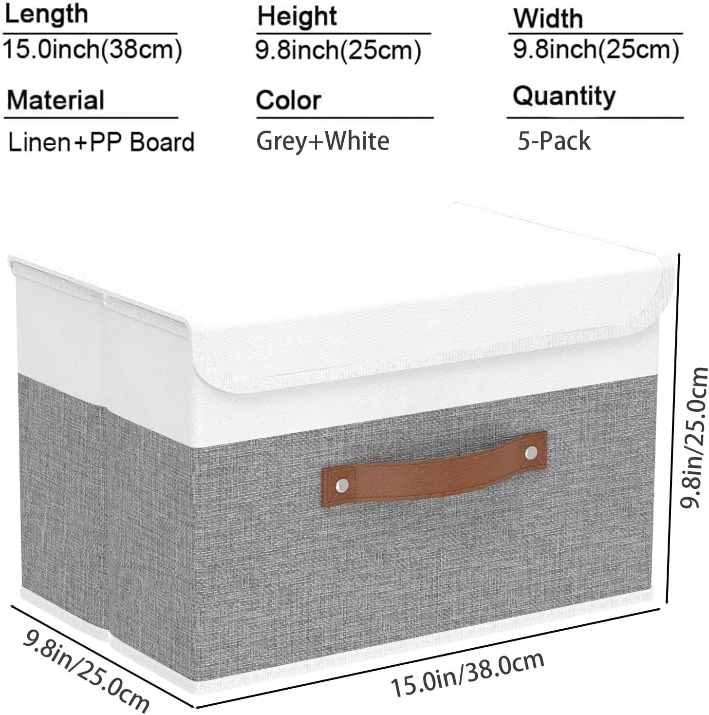 Storage Boxes with Lids, Linen Fabric Bin, Cube Organizer Basket, Washable and Leather Handle, for Home, Closet, White 4