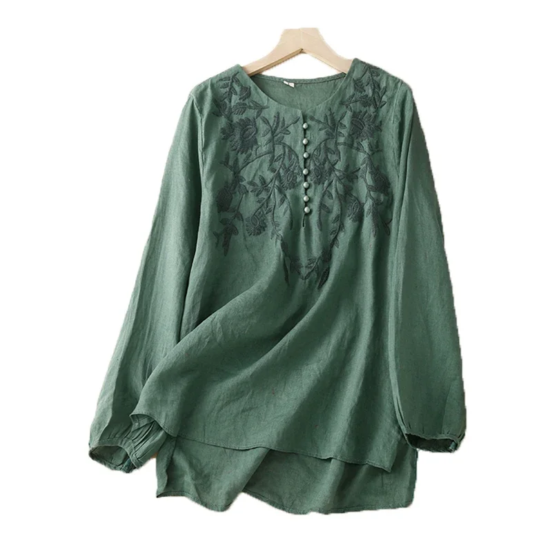 Embroidery Chinese Style Blouses Summer Vintage Women's Shirts Long Sleeve Cotton Linen Clothing Loose Women Top 2024 Korean