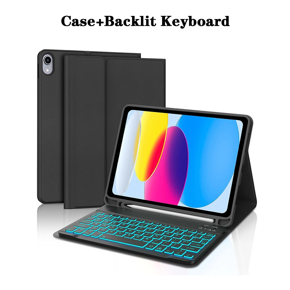 حافظة لوحة مفاتيح لجهاز iPad (A16) الجيل 11th/10th، لوحة مفاتيح لاسلكية قابلة للفصل، غطاء لوحة مفاتيح فوليو مع حامل قلم رصاص