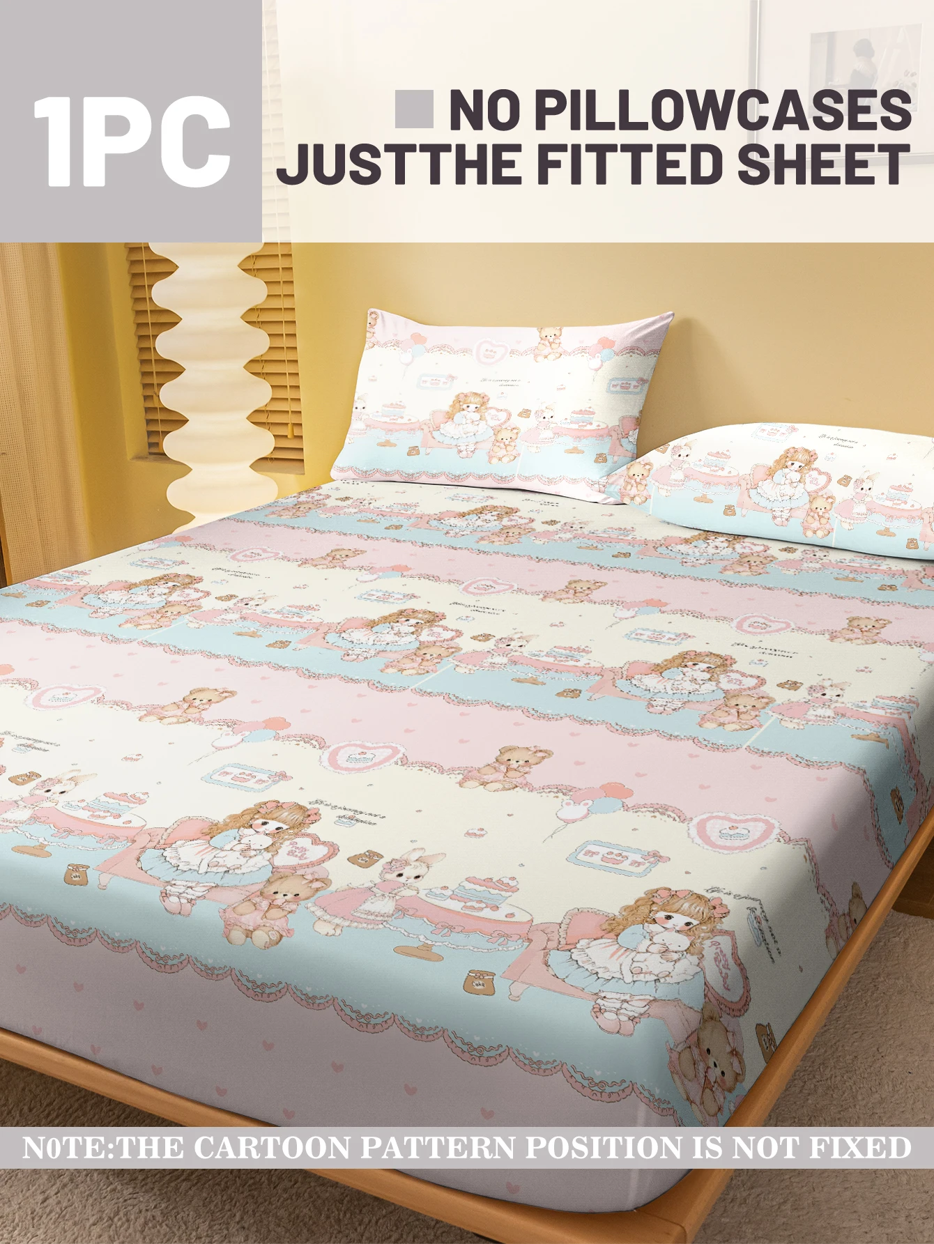 1 Cartoon Cute Little Bear and Doll printed matte Fitted Sheet, bedroom printed bed cover, bedding (excluding pillowcases) 2