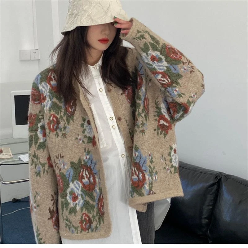 

Women Jacquard Loose Lazy Knit Cardigan Jacket Jacket Outer Wear Korean Style Sweet Girl Autumn/winter 2021 New Retro Sweater