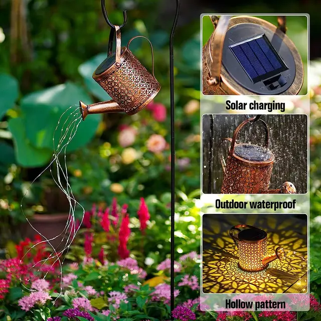 Solar Watering Can with Cascading Light Water Can Solar Lights Garden Decorative Solar Waterfall Lights Waterproof Hanging Light 5