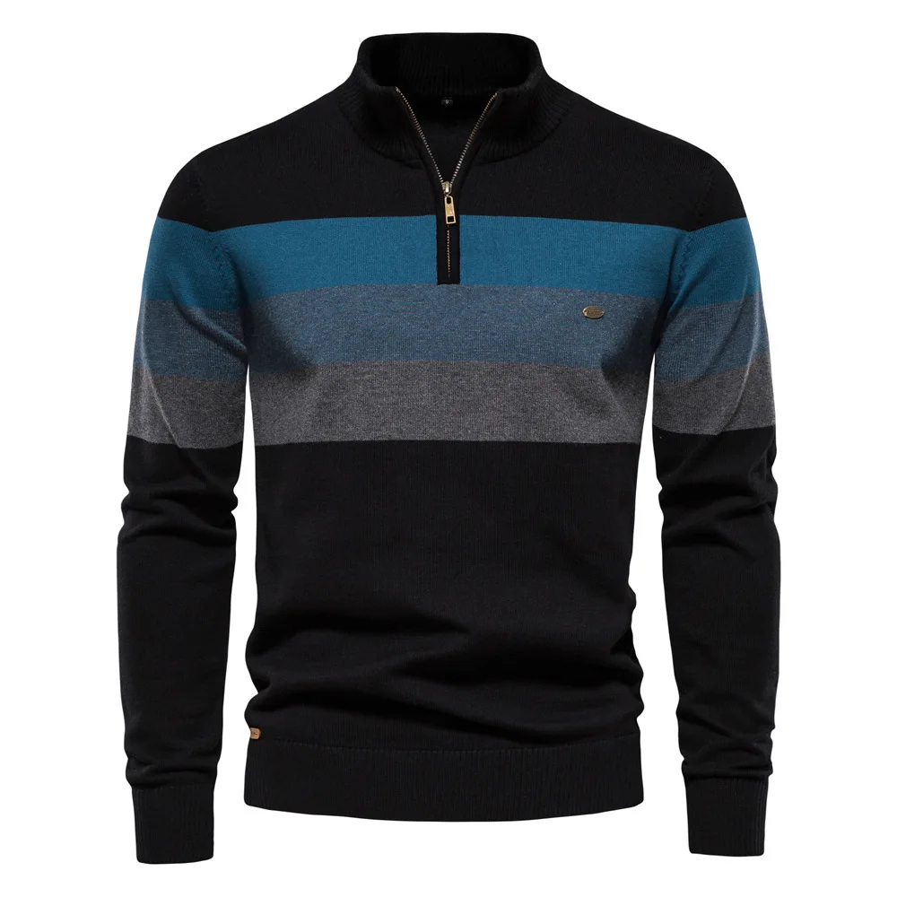 

Men Sweaters Knitwear New Autumn Male Half High Collar Color Matching Stripe Sweaters Men Business Casual High quality Pullovers
