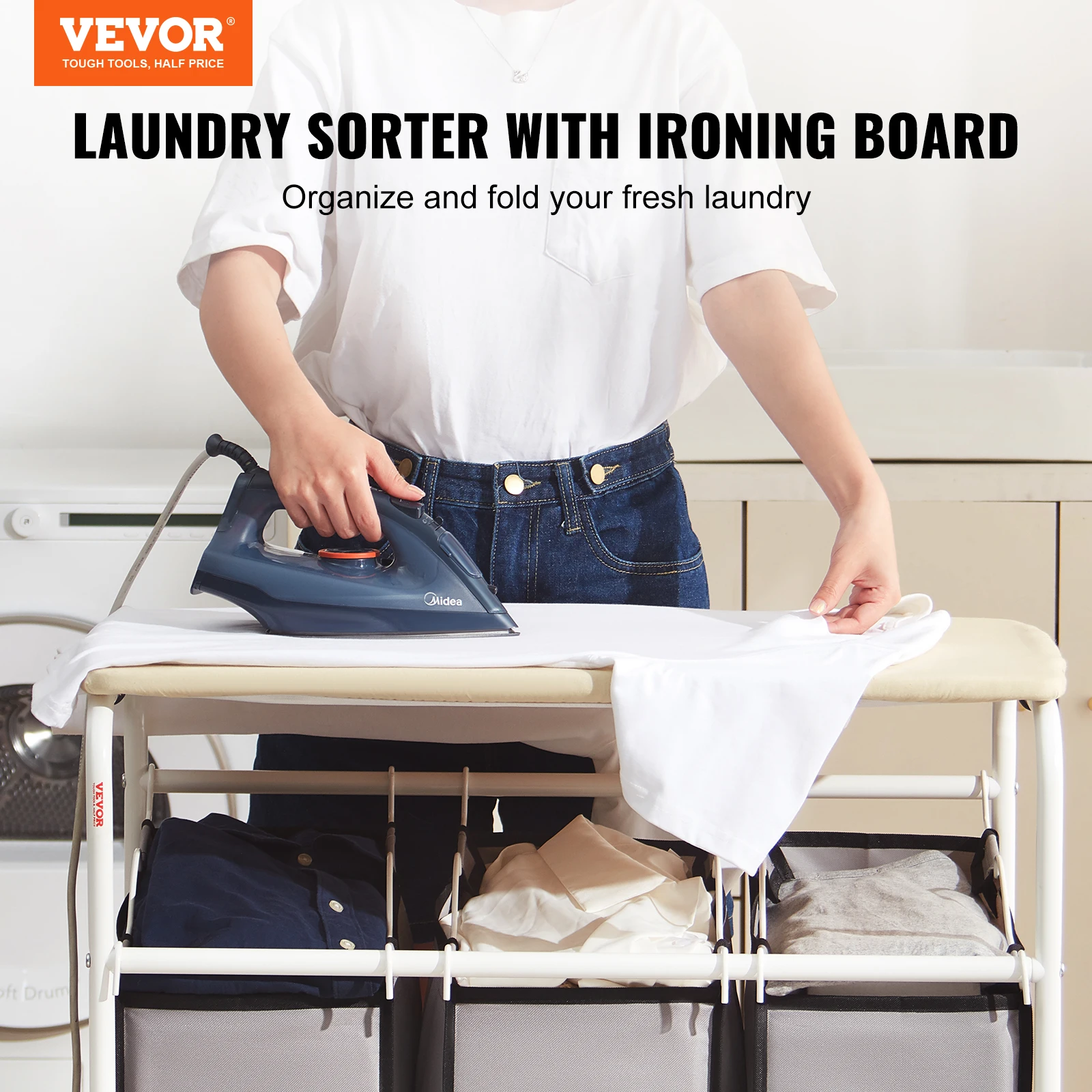 Laundry Basket Portable Hamper Portable Storage Basket 3/4-Section Laundry Sorter Cart W/ Ironing Board Laundry Hamper Rolling Basket Sorter for Clothes Cleaning Storage
