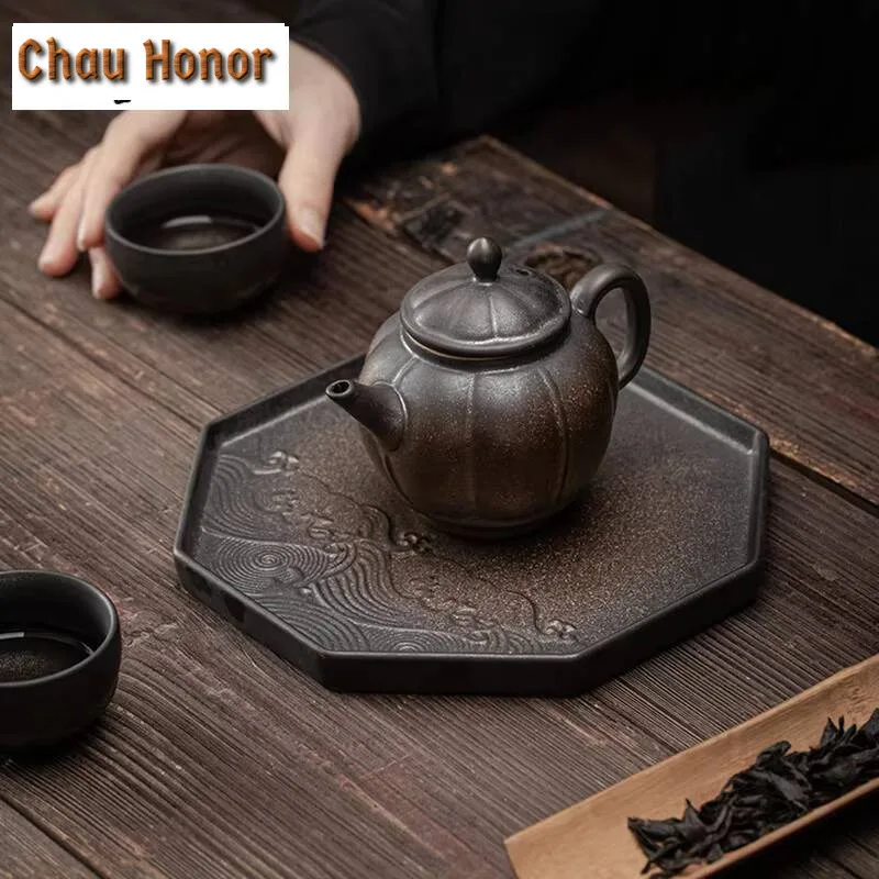 Japanese Gilding Iron Glaze Bamboo Tea Tray Ceramic Pot Pot Holder Support Tea Table Small Tea Tray Fruit Tray Tea Cake Tray