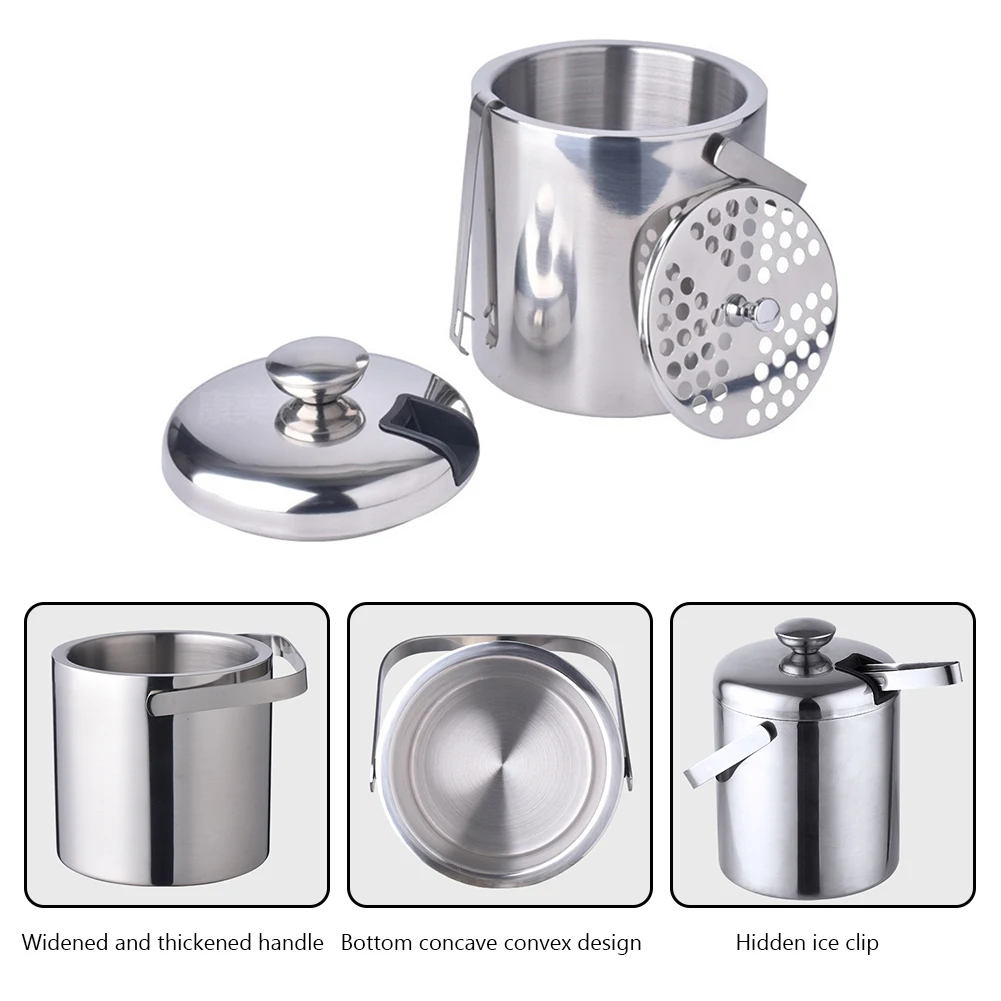Double Layer Stainless Steel Ice Bucket with Tongs
