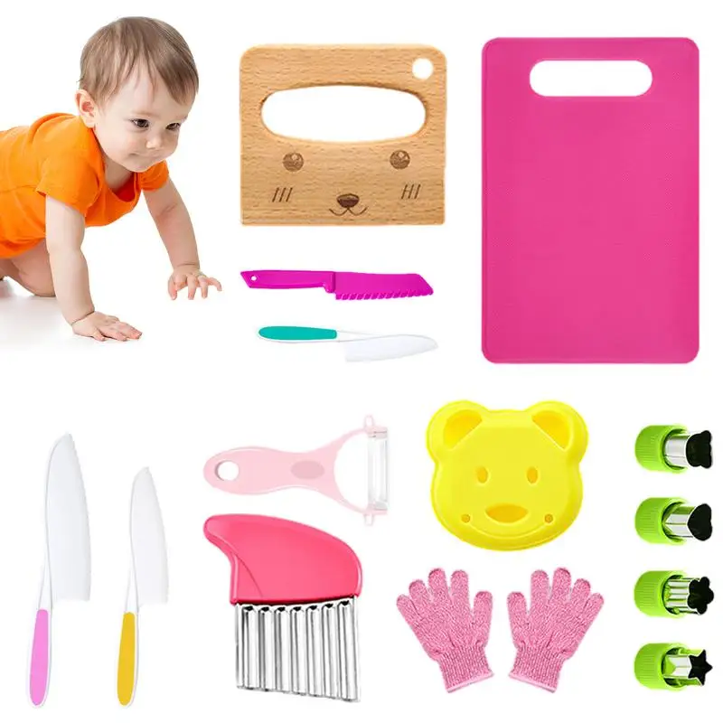 

Детские наборы для готовки, 15 шт., Набор детских кухонных ножей с перчатками, разделочная доска, прочные игрушки Монтессори, безопасные кухонные инструменты