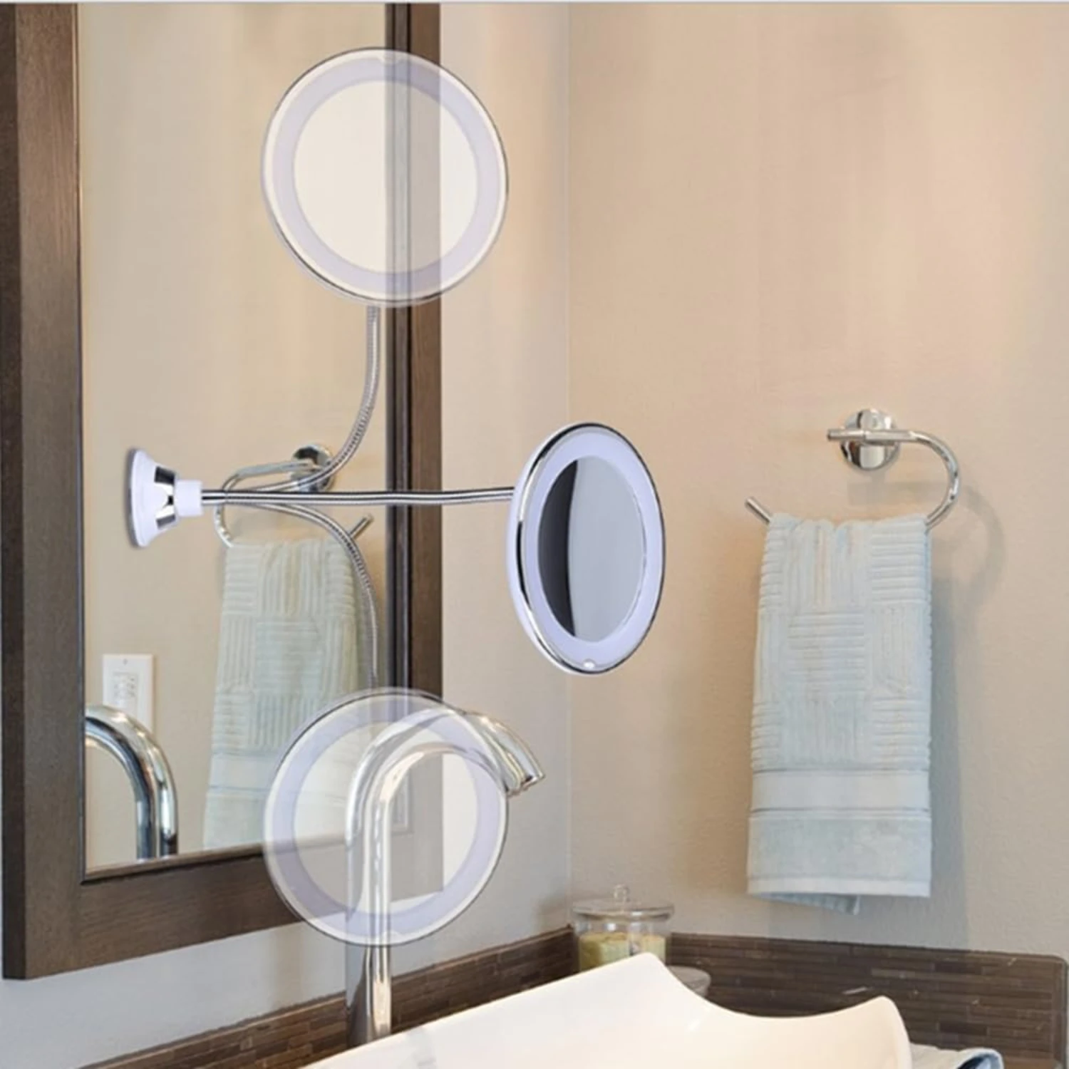 Flexible Wall Mounted LED Makeup Mirror with 10x Magnifying Suction Cup-360 Swivel, Diffused Light