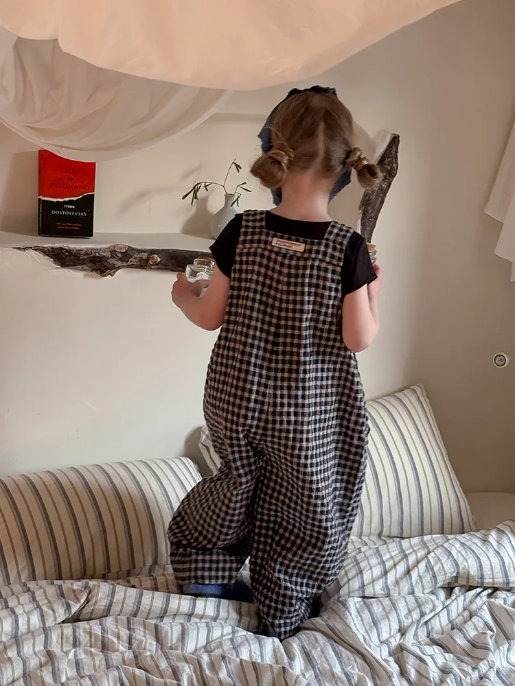 2025 Spring New Children Plaid Overalls Cotton Boys Thin Casual Pants Breathable Baby Girls Loose Strap Trousers Kids Clothes