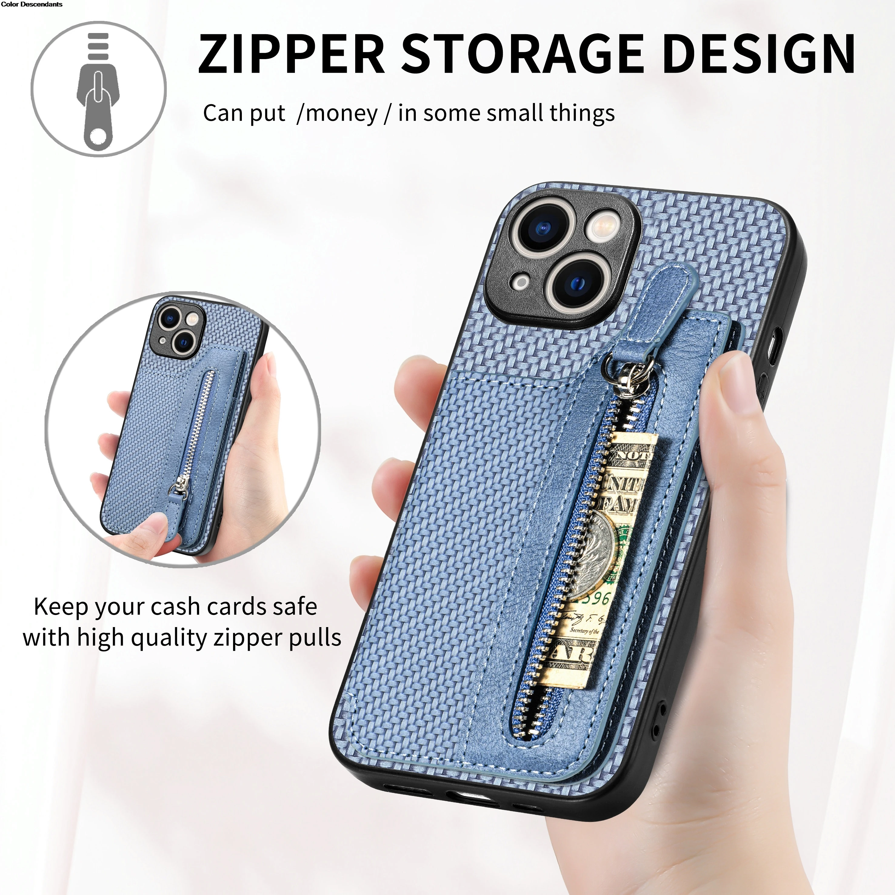 Leather Zipper Wallet Case with Magnetic Card Slots and Flip Cover