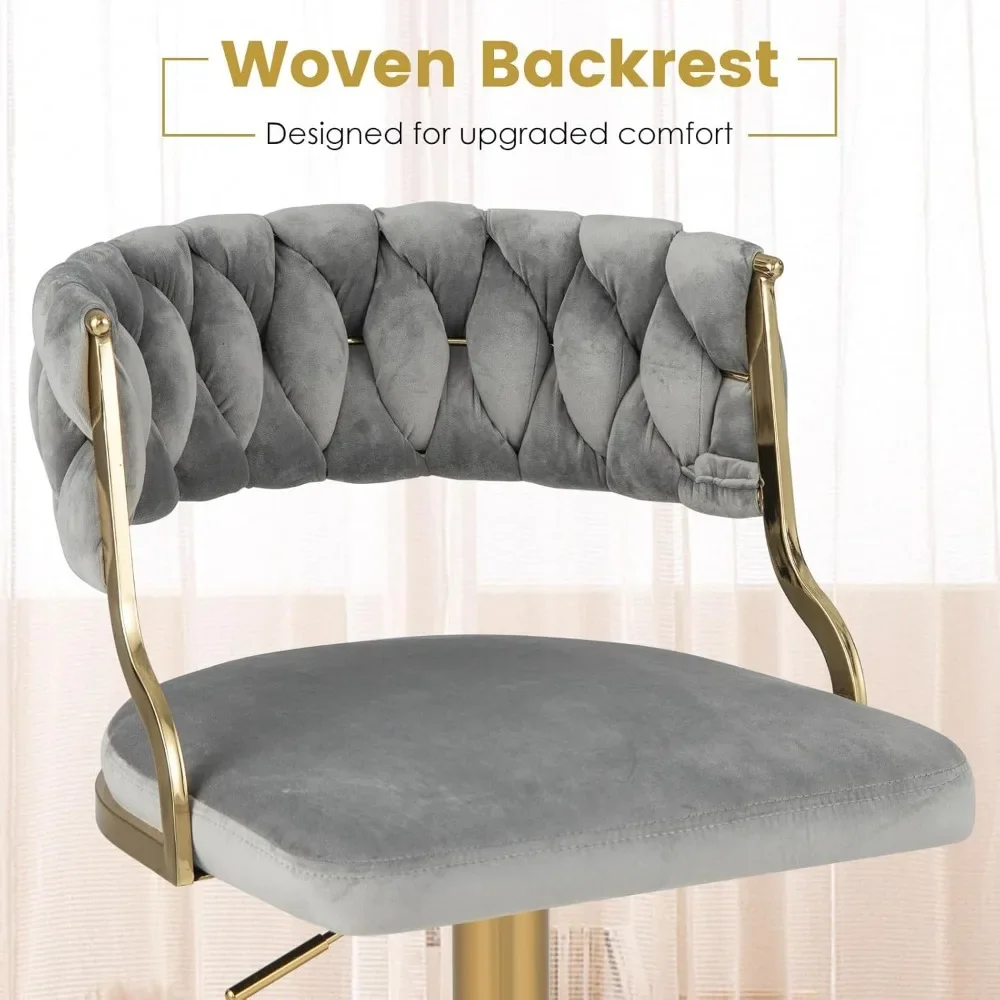 Velvet Adjustable Bar Stools, Max Load 400 Lbs, Modern Upholstered Swivel Barstools with Woven Back
