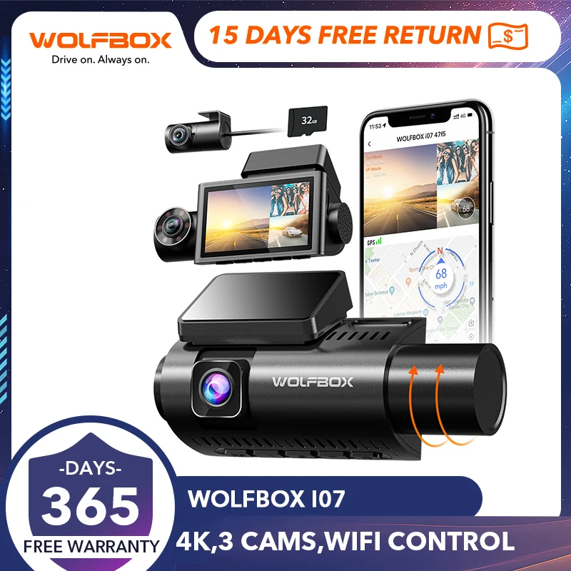 Wolfbox I07 Dash Cam 3 Canali Dash Camera Per Auto Anteriore E Posteriore 4K Dash Camera Con Gps Wifi Car Dvr Per 170 Fov Wdr