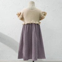 2024 Cotton and Hemp Girls summer retro short sleeved color blocked dress loose casual dress, 320006KLP 3