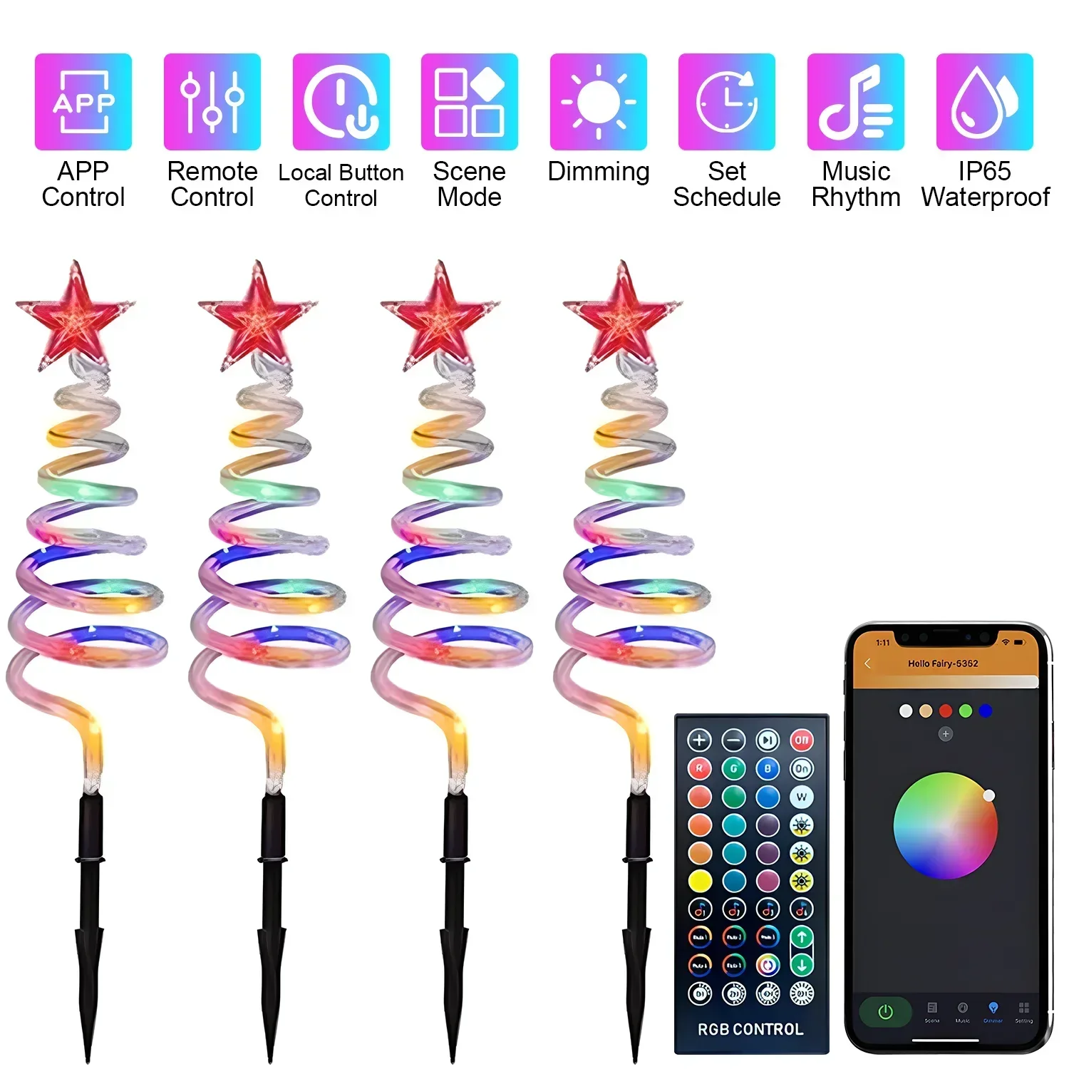 thumbnail image 1 of Luces LED RGB para caminos, control remoto por aplicación, luces en espiral para árboles de Navidad, luces para paisajes, caminos de jardín, decoración de fiestas de Navidad, 1 of 5