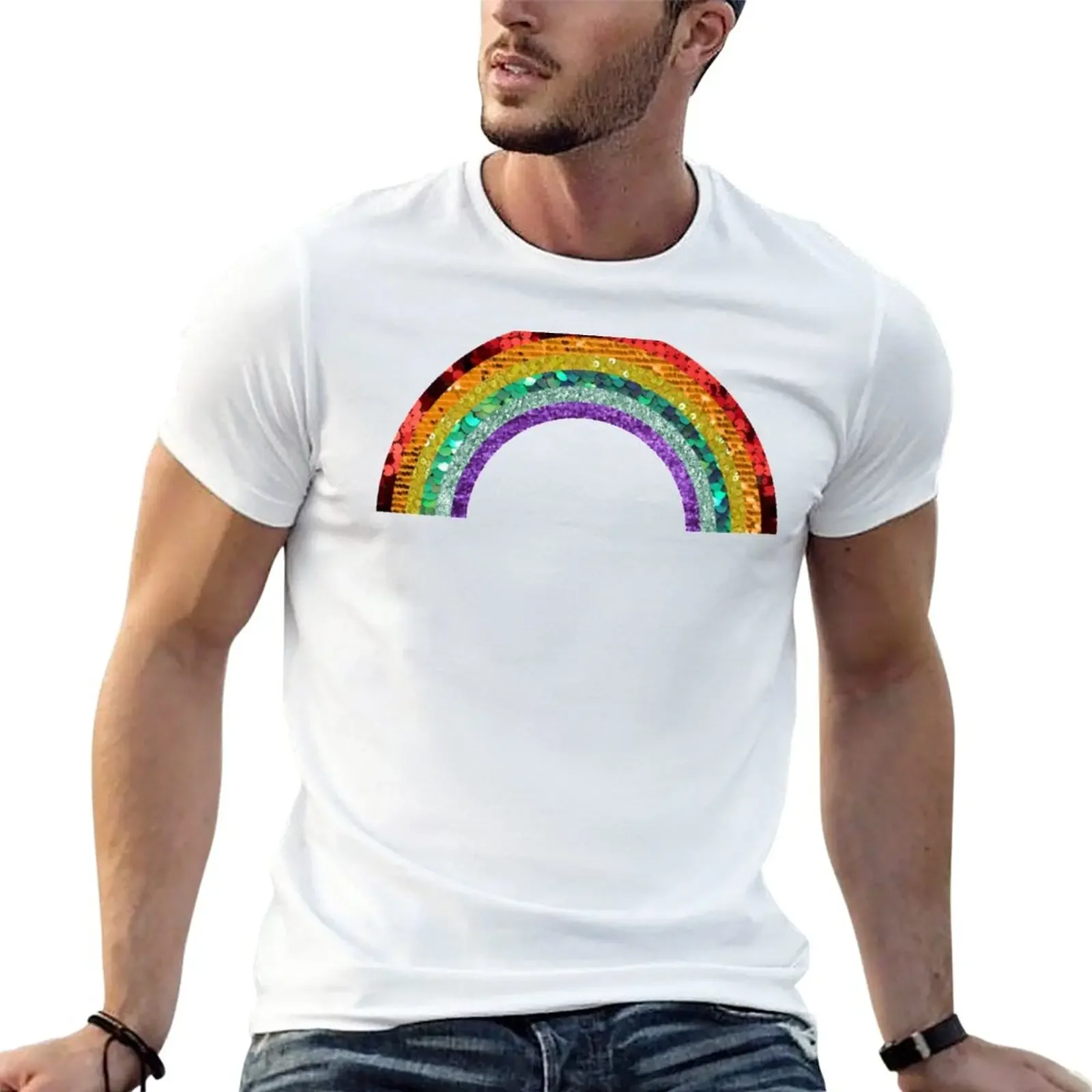 

Rainbow Sequin- 70s 80s Vibe Rainbow Retro Vintage Sequin T-Shirt plus size tops quick-drying plain Men's t shirts