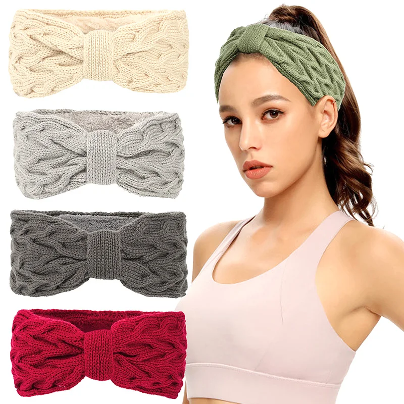 

Plush Knitted Headband Autumn Winter Thicken Warm Wide Turban Hairbands Fashion Elastic Plush Lined Women Hair Band