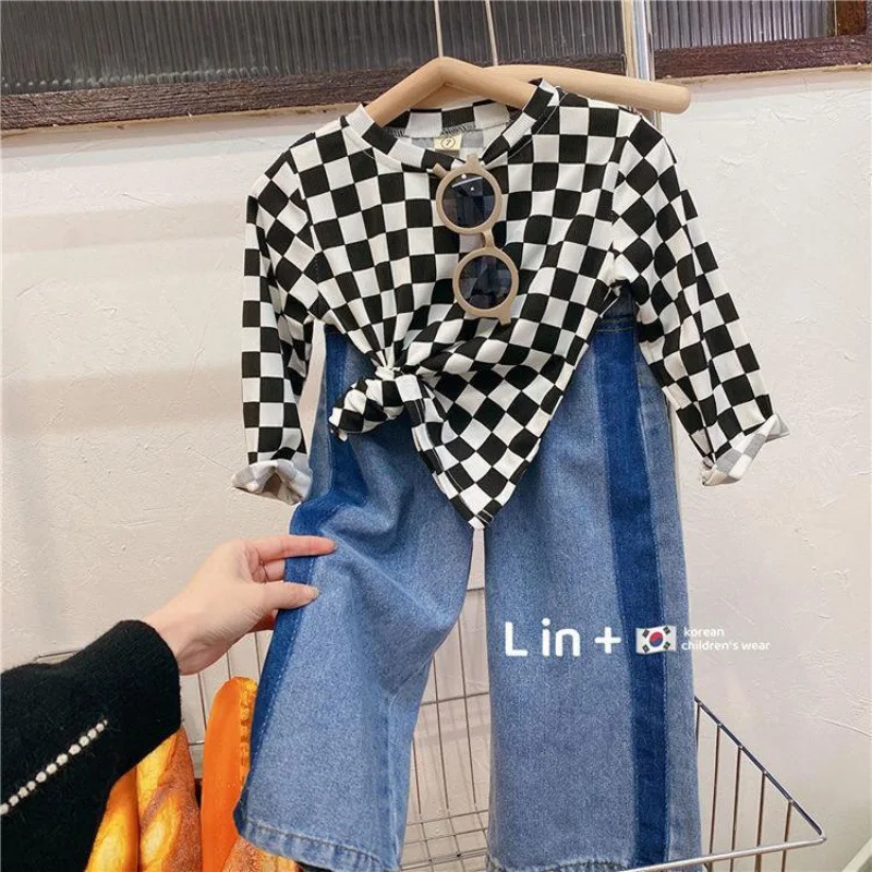 

2023 Spring Autumn Toddler Girls Clothes Set Cotton Denim Loose Wide Leg Jeans Suit Plaid Stretch Bottoming Children Girl Outfit