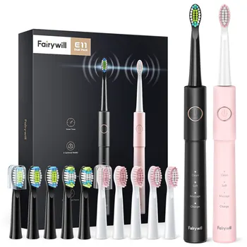 페어리윌 소닉 전동 칫솔 E11 방수 USB 충전, 8 브러시 교체 헤드 포함, 커플용 블랙 및 핑크 세트