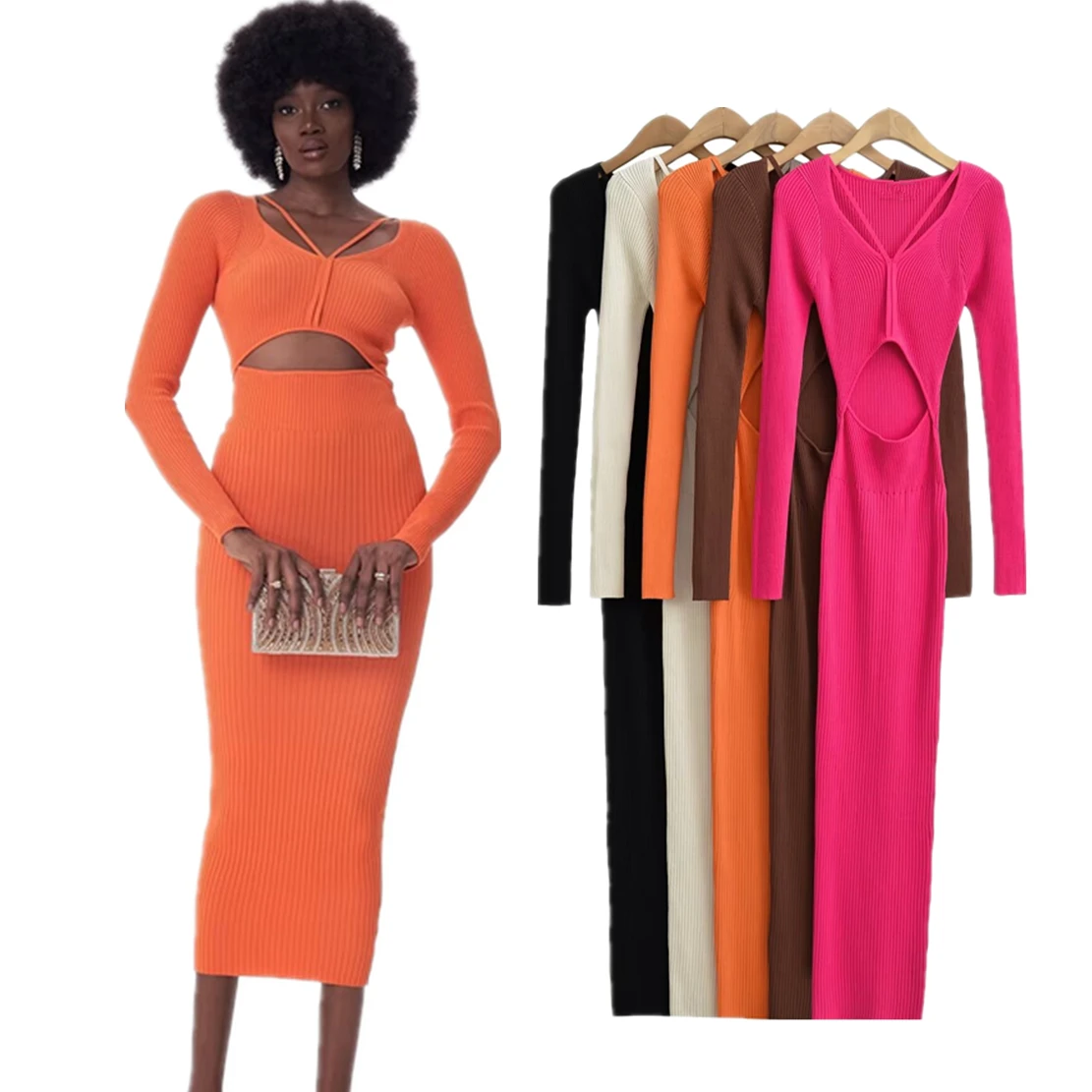 

Withered Fashion Women's British Tight Knitted Dress Sexy Hollow Party Dress Ladies Autumn/Winter