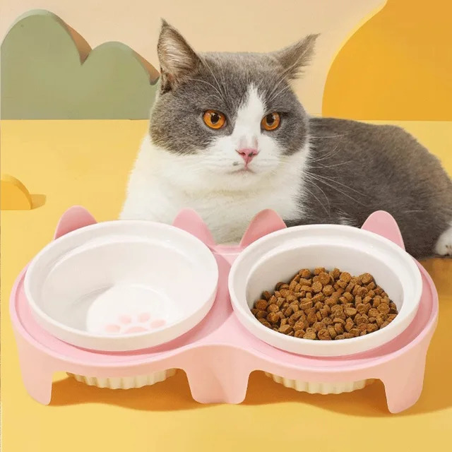 Cat bowl ceramic, cat food bowl double bowl drinking water, dog basin, pet oblique mouth to protect the cervical vertebrae Cat bowl ceramic, cat food bowl double bowl drinking water, dog basin, pet oblique mouth to protect the cervical vertebrae