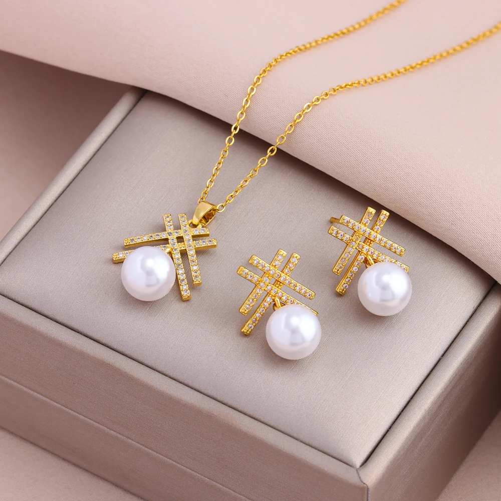 Ensemble Bijoux Plaqué Or 18 Carats - Boucles D'oreilles + Collier Pendentif - Neuf