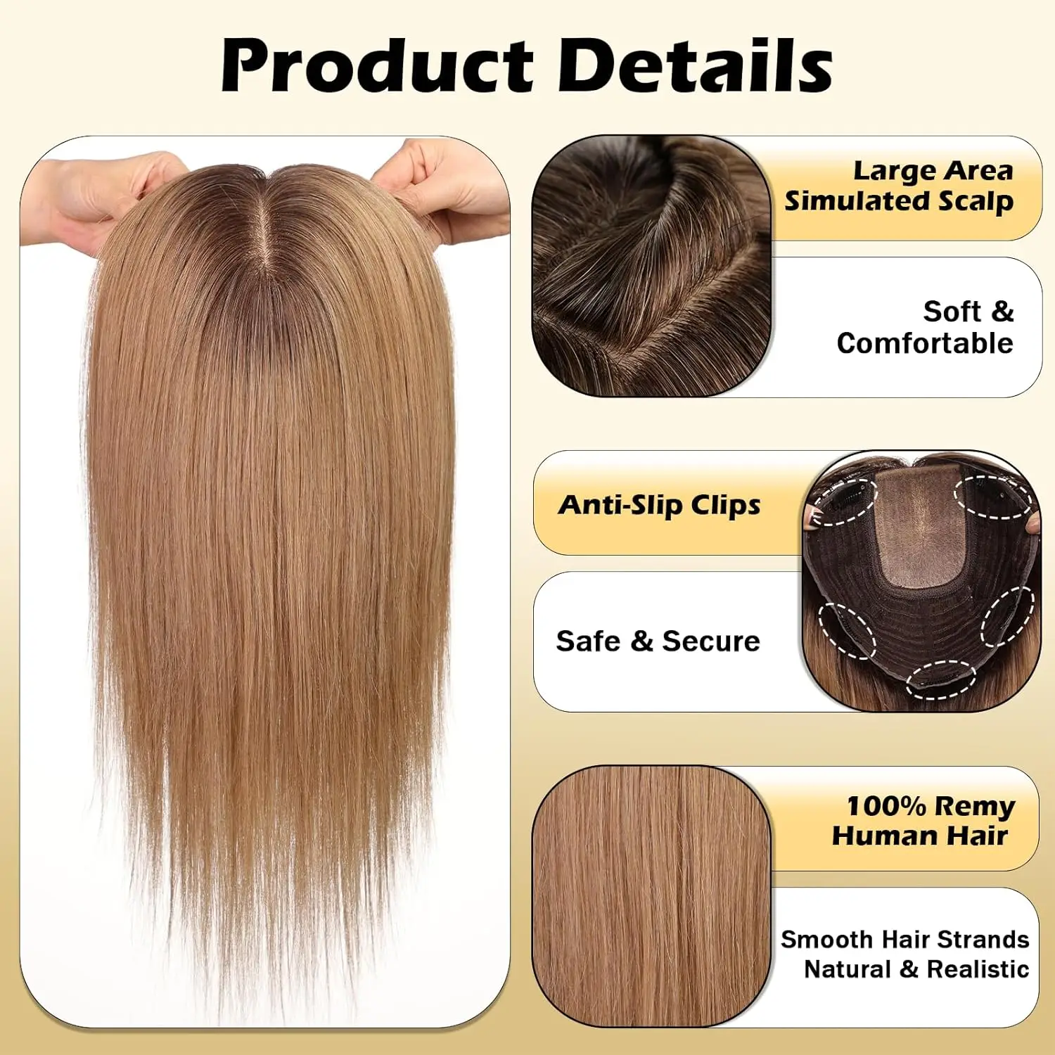 16 inch Human Hair Topper for Women 9x9inch Large Base Hair Pieces Ash Brown Ombre Human Toppers with Multiple Non-slip Clips