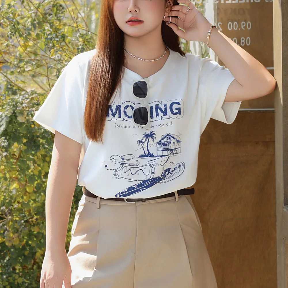 Women's Plus Size Loose Fit Surfing Dog Print Round Neck Short Sleeve T-Shirt Summer Premium Casual Cotton Top With Stretch