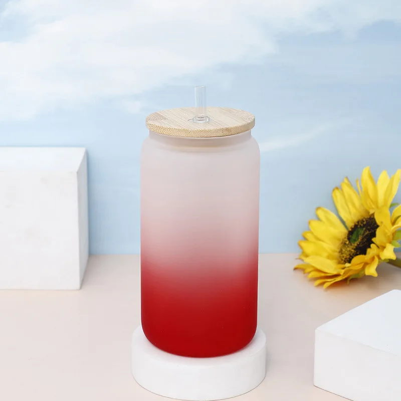 16oz Water Bottle with Straw Juice Glass Beer Can Gradient Color Milk Mocha Cup with Bamboo Wooden Lid Household Drinking Cups