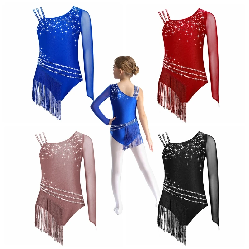 Girls Dance Costumes Glittery Rhinestones Figure Skating Leotard Rhythmic Gymnastics Ballroom Dancewear Ballet Jazz Latin Cha-cha