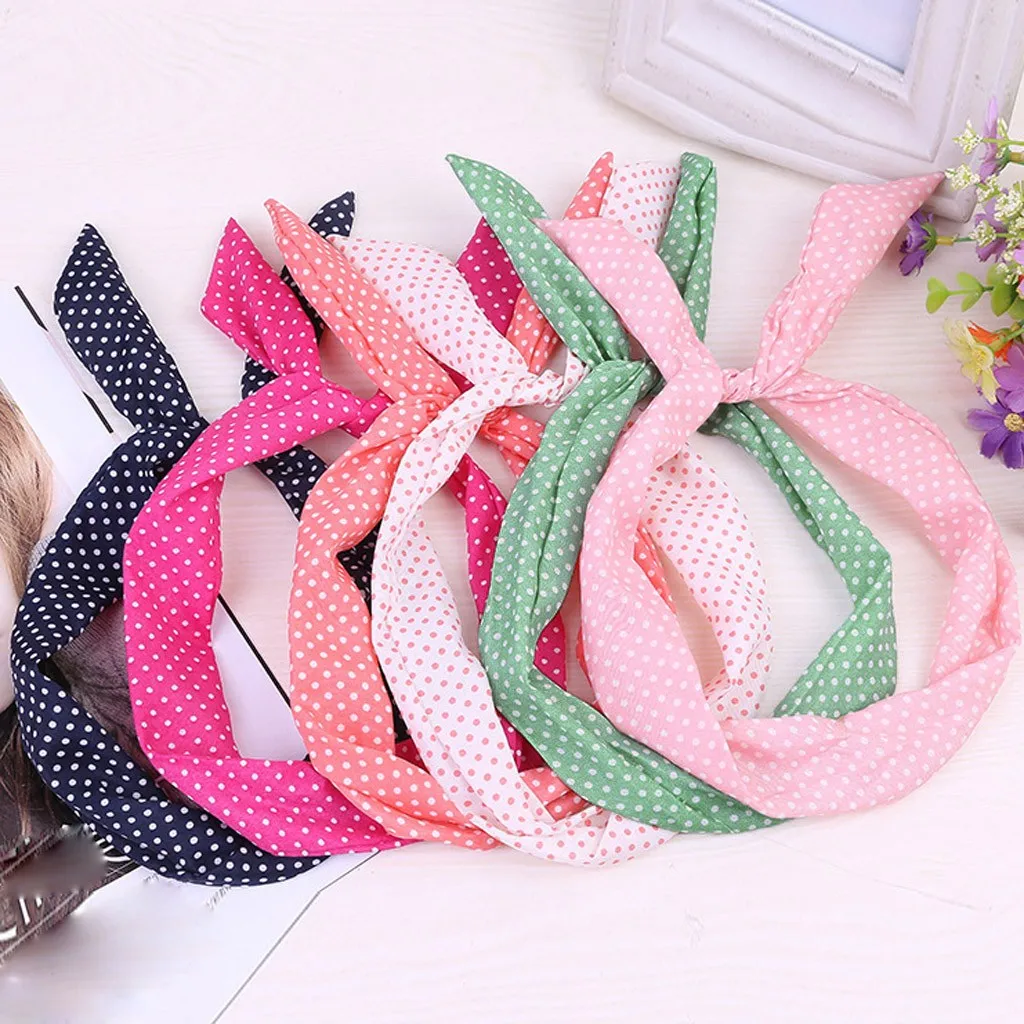 

Cute Sweet Polka Dot Bow Rabbit Bunny Ear Headbands Womens Hair Band With Metal Wire Turban Scarf Cross Bow Hair Accessories