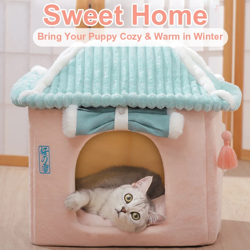 BBVILLA Rose Cat House Indoor Cat Cave Bed Collapsible Pet House Warming Beds for Small Dog/Cats/Puppy with Soft Carpet Kittens Toy 