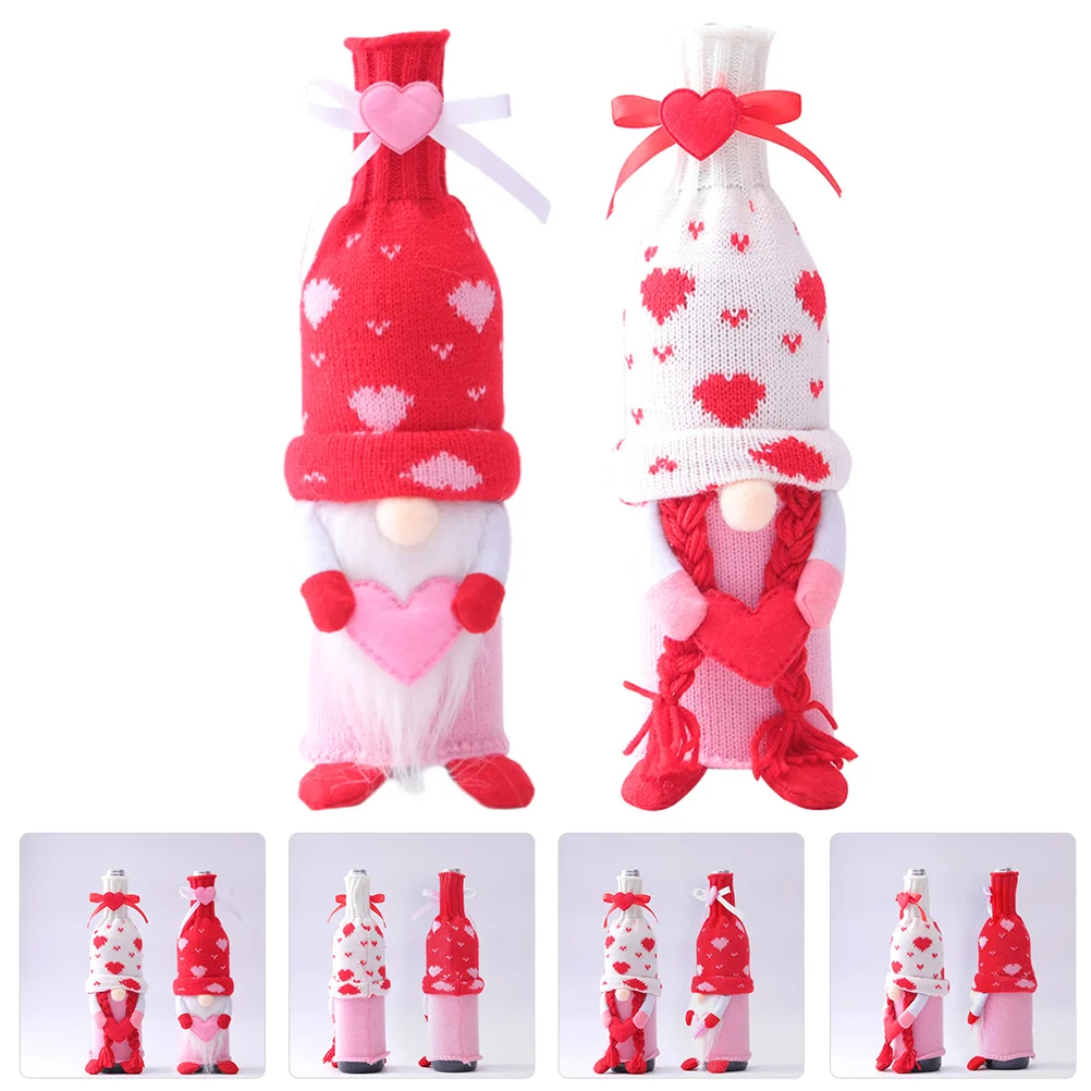 

Valentine's Day Wine Bottle Decors Bottle Covers Holders Gnome Doll Bottle Cloths Toppers Heart Pink Wedding Decorations