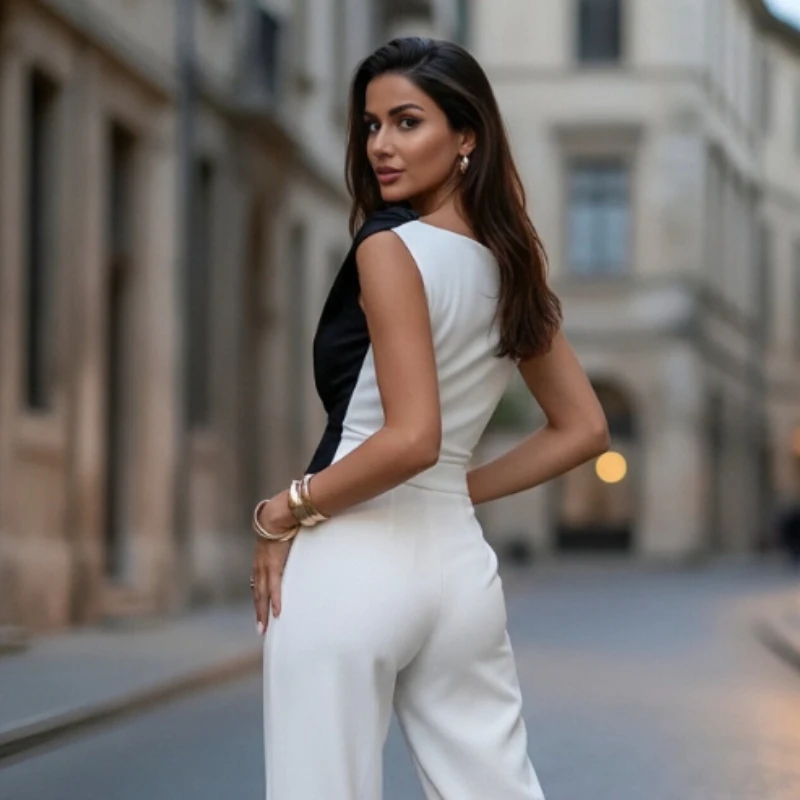 Summer Fashion New Color Matching Slanted Shoulder Pleated Edge Slim Women's Sleeveless T-shirt Temperament Commuter Top Women