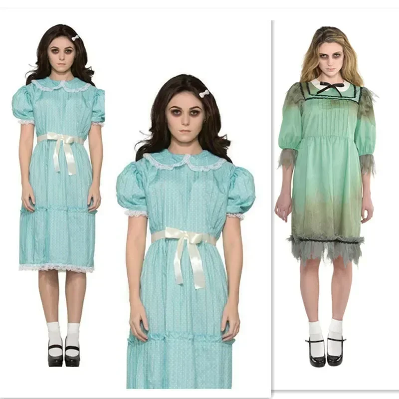 빛나는 쌍둥이 소녀 코스프레 코스튬 블루 원피스 할로윈 파티 의상