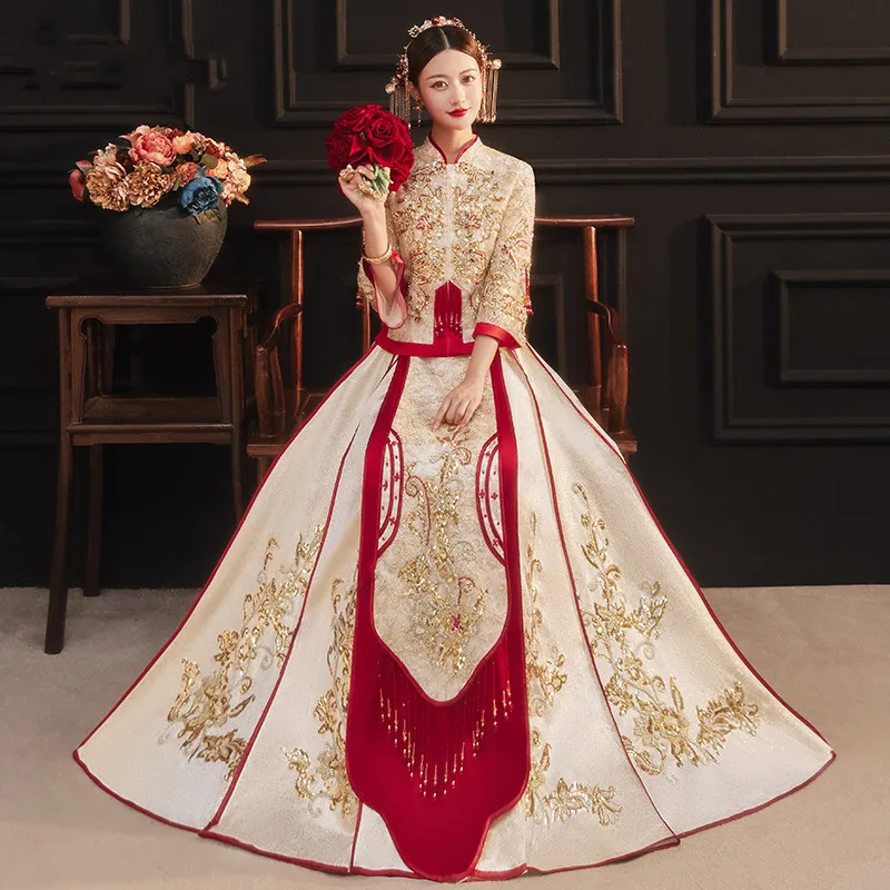 Champagner Stickerei Perlen Cheong sam orientalische Braut Hochzeits kleid chinesischen Stil Ehe Set Kostüm Toast Kleidung S-4XL