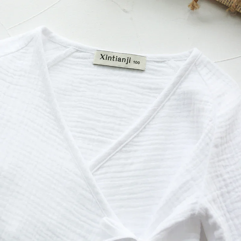 Cotton Girls Japanese White Shirts Spring New Children Long-Sleeve V-neck Bandage Cardigan Casual Blouse Kids Clothes