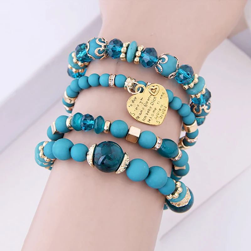 Retro Boho Multilayer Crystal Resin Beads Stand Love Heart Charms