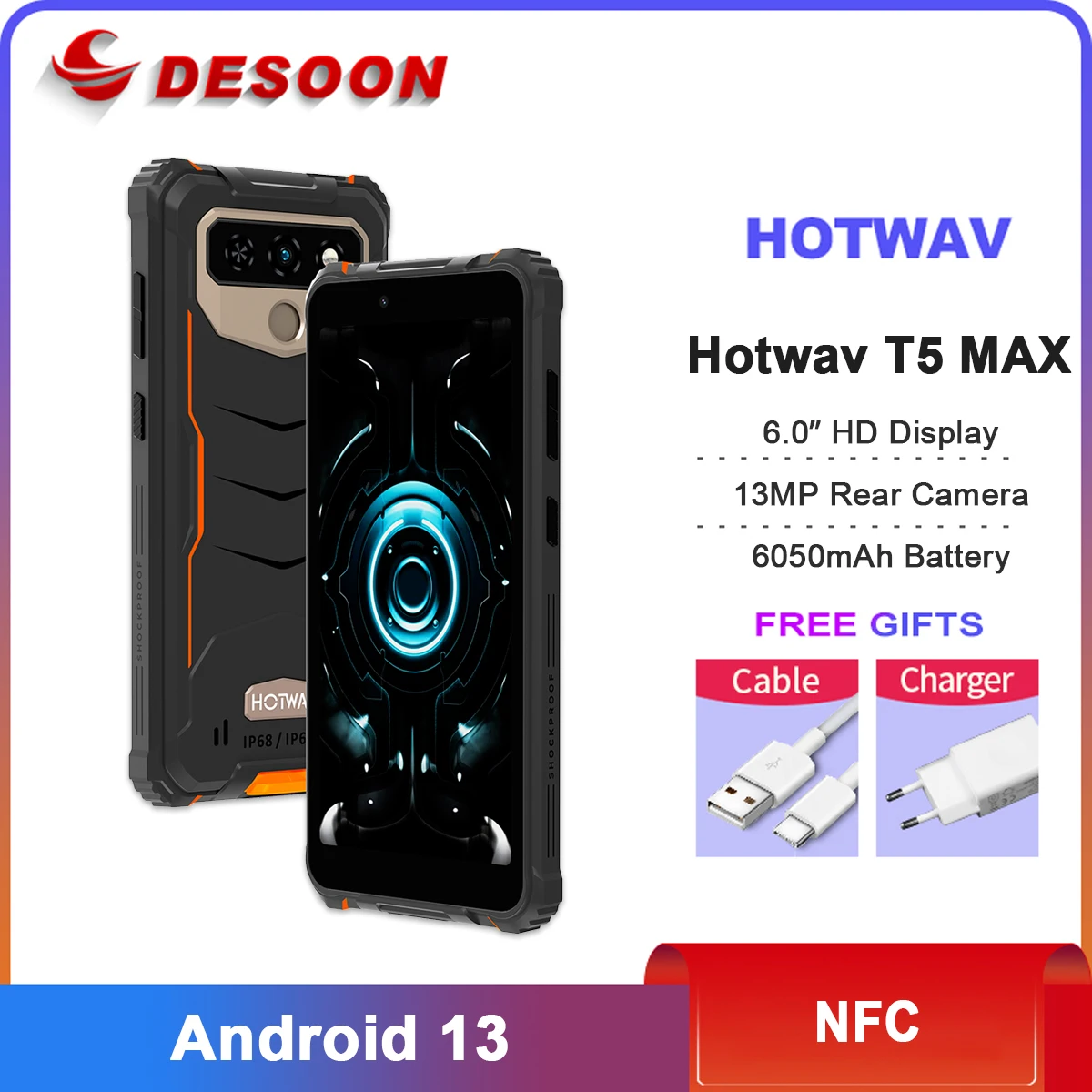 

HOTWAV T5 MAX RuggedSmartphone Android 13 6050mAh 4GB+64GB Mobile Phone NFC Supported 6.0'' 13MP Rear Camera Cellphone