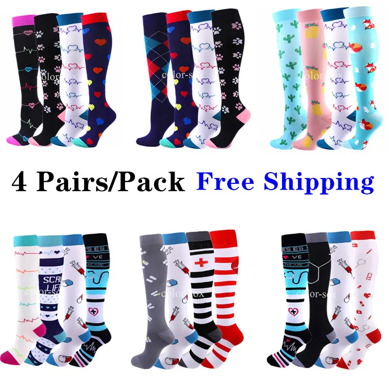 4 Pairs/Pack Compression Socks High Sports Socks for Women Men Running ...