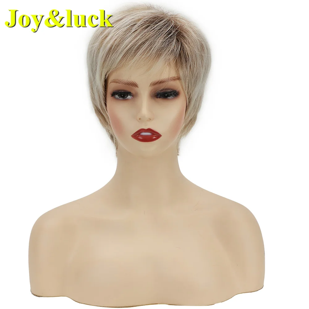 Synthetic Wig Short  Blonde Mixed Light Brown With Bangs Wigs For Women Nature Straight Pretty Female Fake Hair