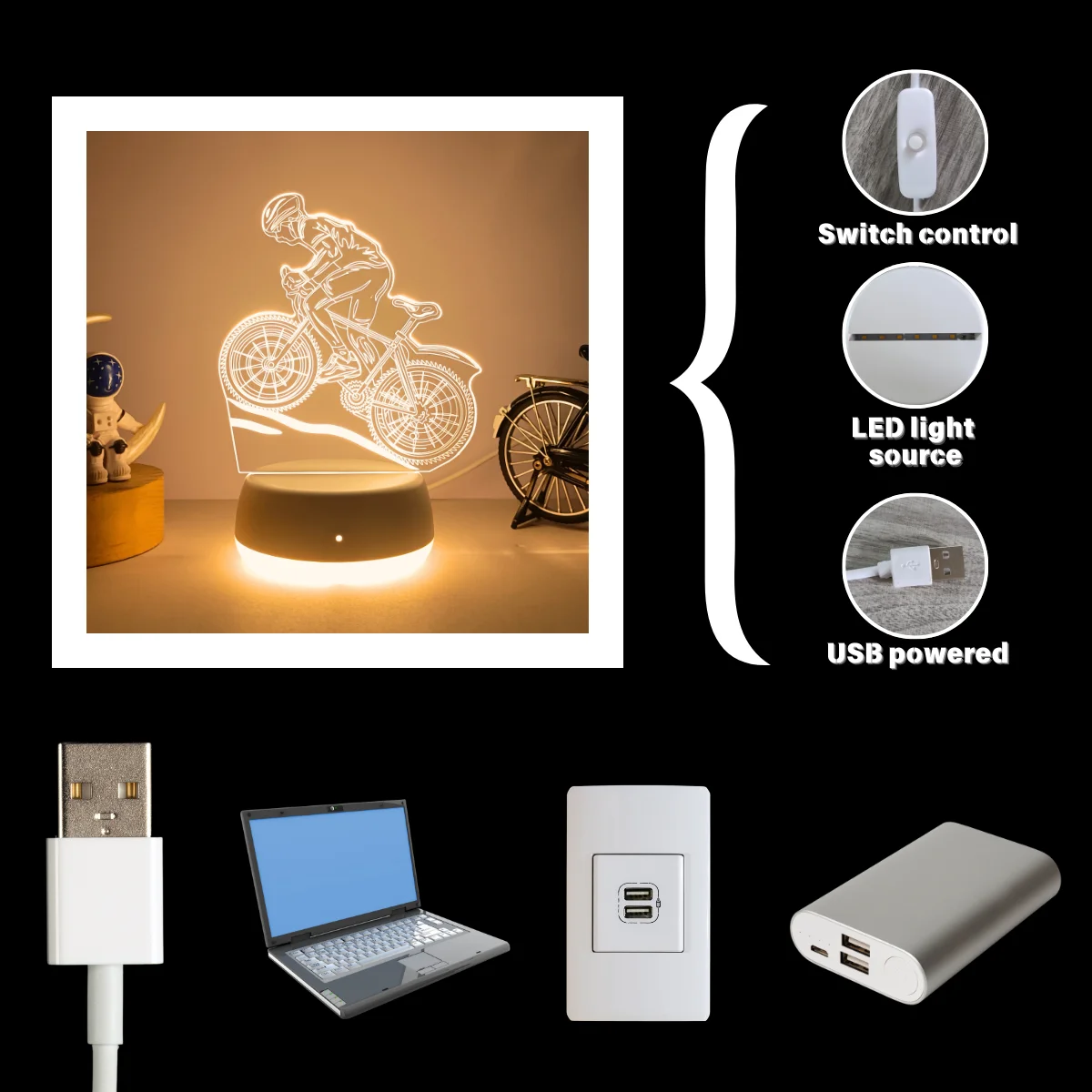 1pc 현대 스포츠 산악 자전거 단색 3D 야간 조명, USB 전원 따뜻한 조명 베이스, 스위치 제어, 가정 장식 조명.