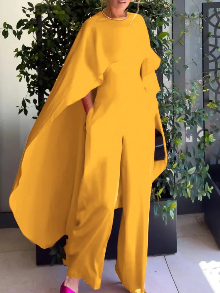 Uoozee Women's Solid Color Cape Style Jumpsuits 2025 New High Waisted Wide Leg Loose Elegant Party Evening One-piece Outfits 6