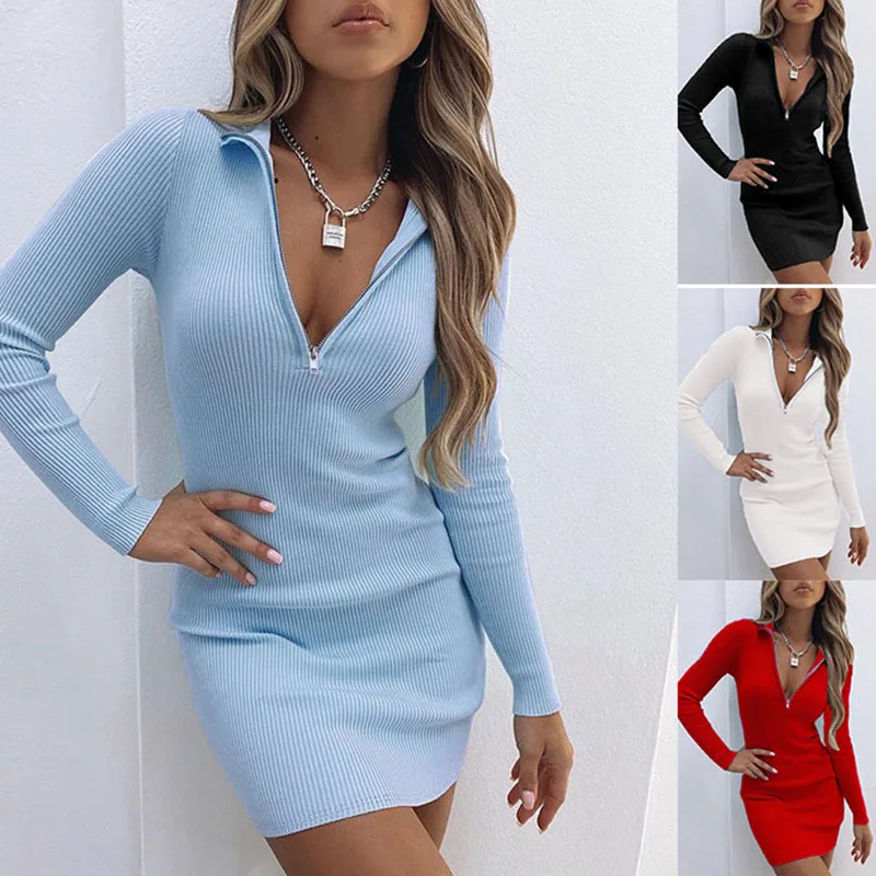 Autumn Winter Chic Knit Ribbed Women Zipper Dress 2024 Bodycon Long Sleeve Solid Color Dresses Warm Female Clothing solid long sleeve ribbed mini dress white v neck sexy bodycon dresses autumn winter black party dress vintage vestidos