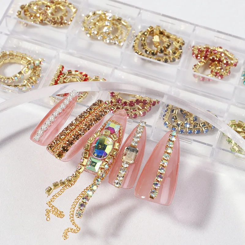

12 Grids/Box 3D Studs Nail Art Alloy Multi-colored All Various Shapes Chains Ring Buckle Metal Decorations Manicure DIY