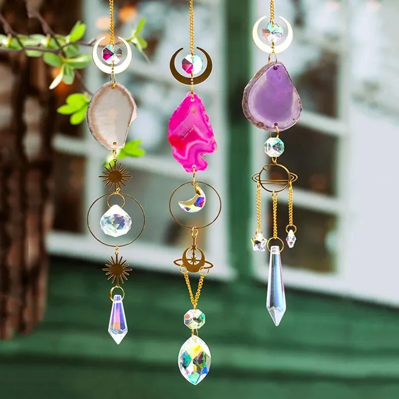 Sun Catcher 1 Pc Agate Raw Stone Outdoor Garden Lighting Crystal Prism Ball Pendant