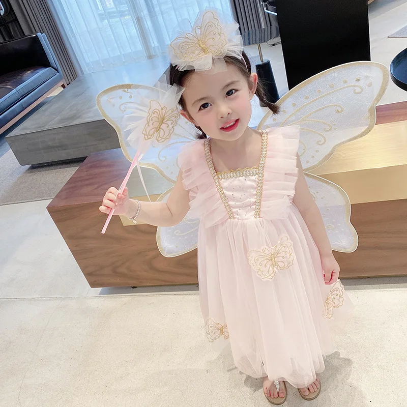Girls Dress Princess Costume Kids Clothes Summer Girls Dress Butterfly Wings Lace Princess Dress Fashionable Birthday Party Children Kids Vacation Clothing