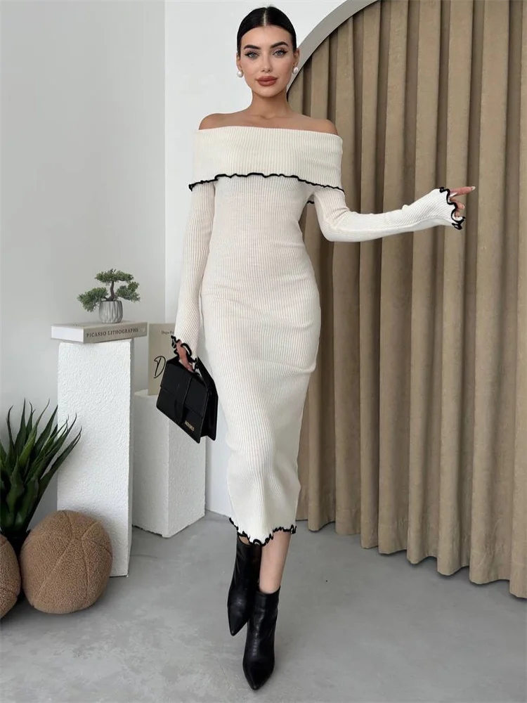 Ruffled Slim Knit Dress Women's Backless Long Sleeve Bandeau Contrast Autumn Party Dress Fashion Knitwear Maxi Dress